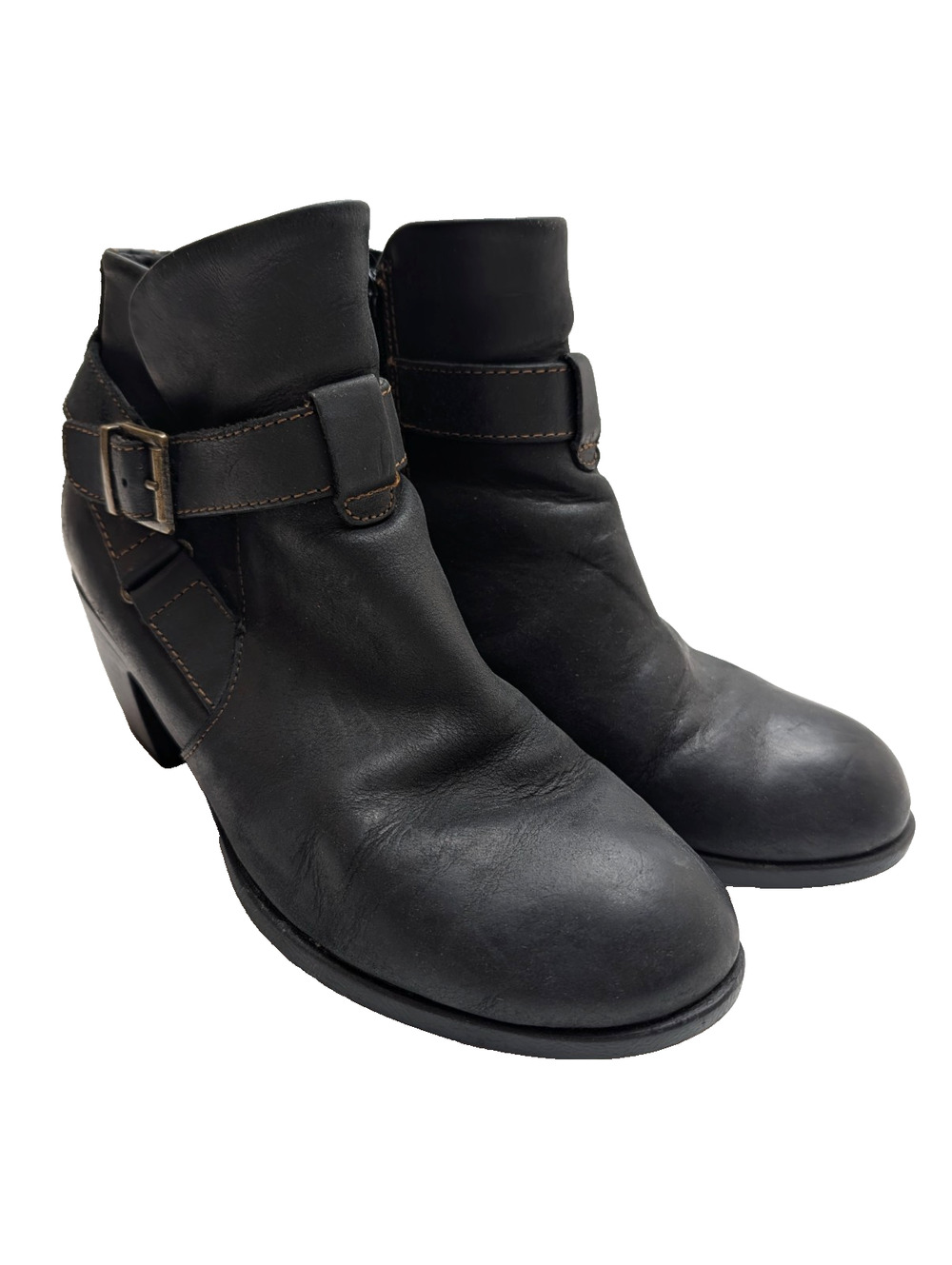 Womens 7.5 M BOC Shea Black Leather Ankle Boots Harness Strap Side Born Zip Moto